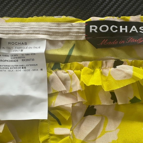 ROCHAS 100% SilkYellow Skirt w/ White Flowers, Leg Slit & Rosette IT 44/US 8 - Picture 7 of 7